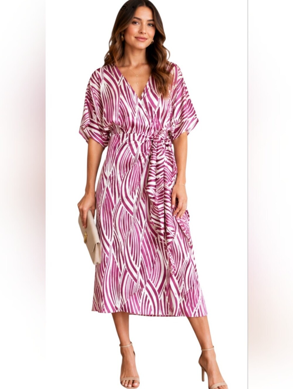 Lush Berry Abstract Satin Side Tie Midi Dress NWT Size Small